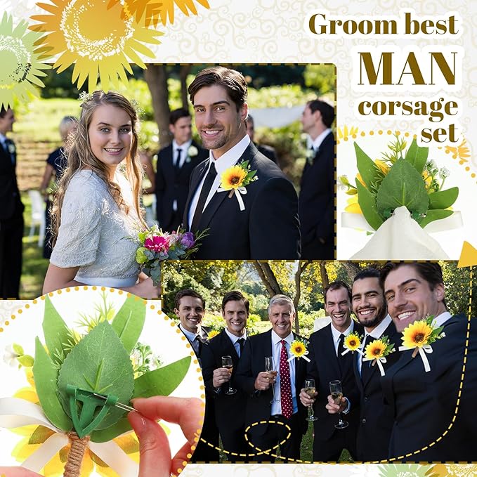 Zeyune 20 Pcs Sunflower Wrist Corsage and Boutonniere Set Including 10 Artificial Sunflower Boutonniere 10 Sunflower Corsage Wrist Flower for Prom Wedding Men Women Bride Groom Bridesmaid Formal Party