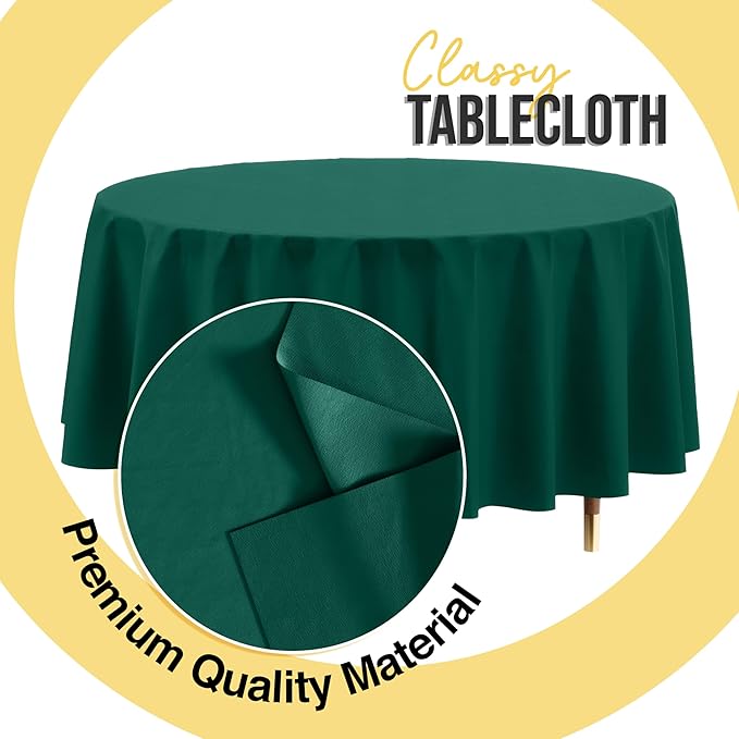 Exquisite 66% Thicker Premium Dark Green Round Tablecloth 0.5 Mil 12 Pack Plastic Table Cloth Disposable 84 Inch Round Plastic Tablecloth Won't Tear Easily Like Cheap Thin Brands