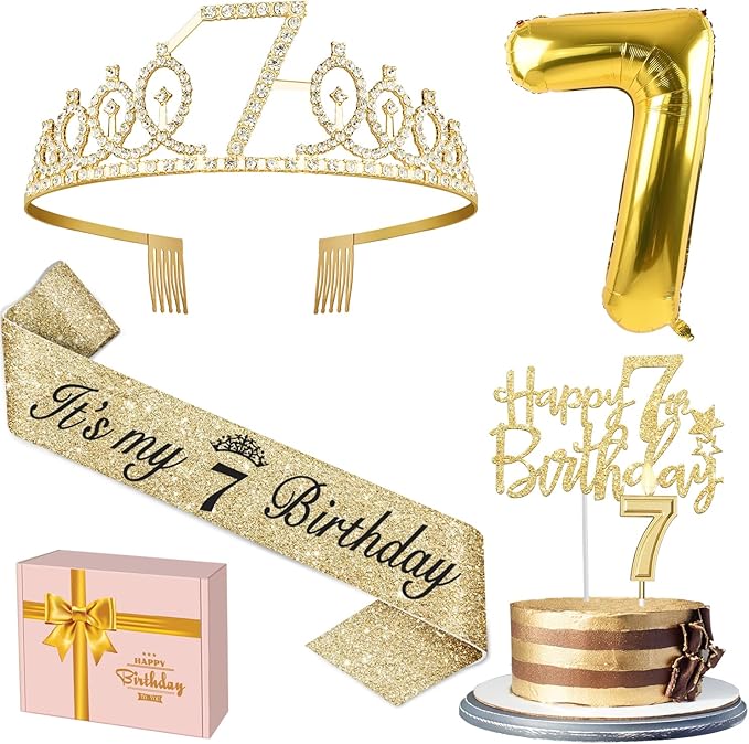 7th Birthday Decorations for Girl with 7th Birthday Girl Sash and Tiara, Candles and Cake Topper, Number Balloons, 7 Year Old Girls Gifts