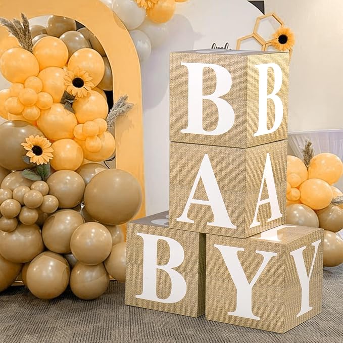 Baby Boxes with Letters for Baby Shower Decorations, Gender Reveal Decorations with 4 Burlap Balloon Boxes