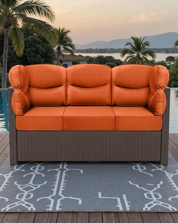 Luxury 24x24x6 Outdoor Couch Cushions Set of 3 - Water-Repellent 8-Piece Cushion Set for Outside Rattan Wicker 3-Seat Sofa Loveseat Chair Sectional Patio Conversation Sets - Orange/Smile