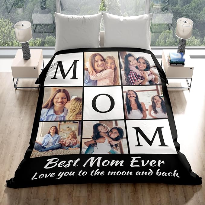 Custom Mom Blanket with 6 Photos Personalized Blanket with Pictures Customized Throw Gifts for Mom Grandma Photo Throw Blanket for Birthday Mother's Day