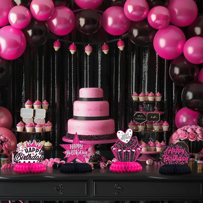 Hot Pink and Black Birthday Decorations – 12PCS Honeycomb Table Centerpieces for Girls Teens Women – Happy Birthday Table Decor Party Supplies