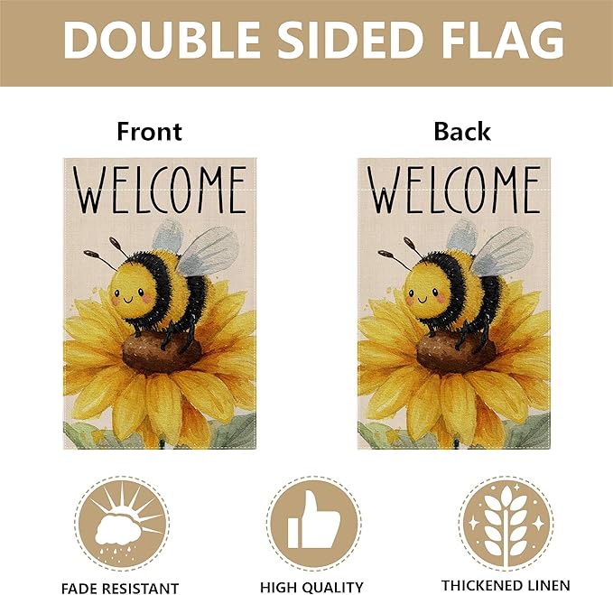 Garden Flags, Welcome Garden Flag, Bee Sunflower Flag Double-Sided Flags for Farmhouse Yard Outdoor-12 x 18inch (WELCOME BEE)