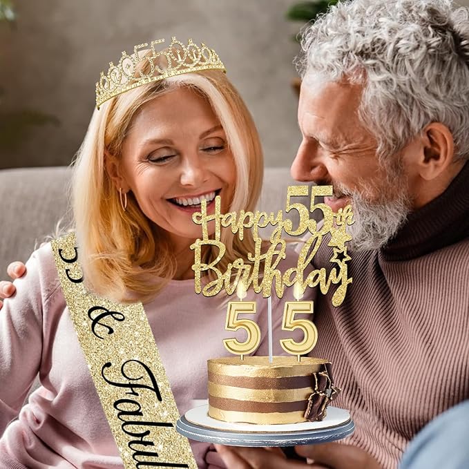 55th Birthday Decorations for Women Gold with 55th Birthday Sash and Tiara, Cake Topper and Candles, Number Balloons, 55 Year Old Gifts for Women