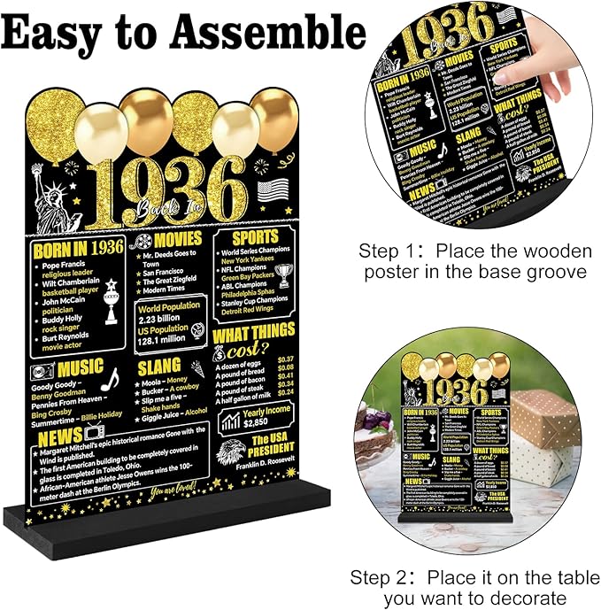 Black Gold 90th Birthday Decorations for Men Women, Two-Sided Vintage 90 Back in 1936 Theme Poster Wooden Table Sign with Stand, Ninety Years Old Bday Centerpieces Holder for Table Decor
