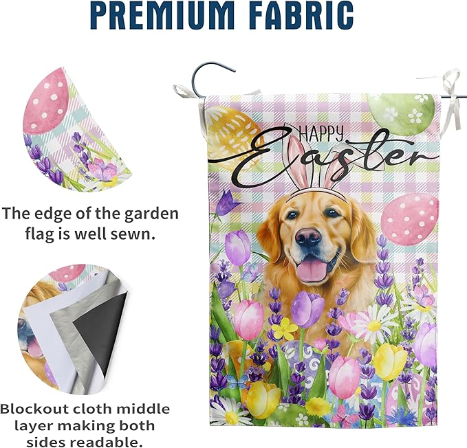 Happy Easter Dog Garden Flag Golden Retriever Spring Flags Buffalo Plaid Bunny Eggs Yard Flag for Outside 12x18 Double Sided Small Decorative Floral Outdoor Flag