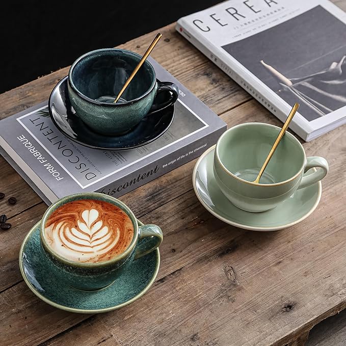 Porcelain Coffee Cup with Saucer Spoon, Vintage Design Ceramic Latte Art Cappuccino Barista Espresso Tea Cup with Saucer (11.6 oz, 350ml, Crystal Green)