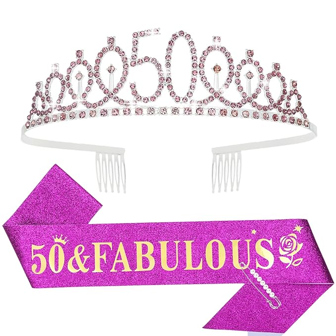 Casoty 50th Birthday Sash and Tiara, 50th Birthday Party Decorations for Women, 50 and Fabulous Sash and Crown Set, 50 Party Supplies for Women, Gifts for Her