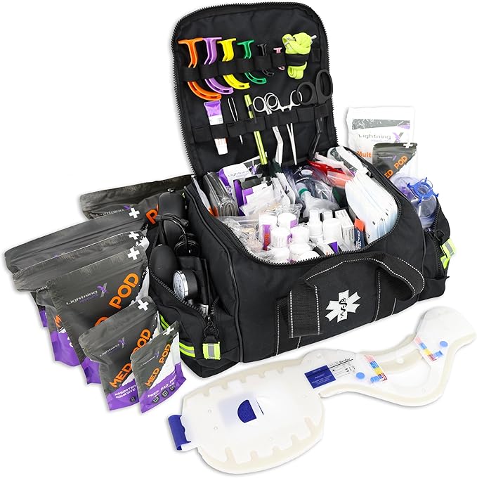 Lightning X Products Lightning X Pre-Stocked EMS/EMT Trauma Kit w/ Large First Responder Bag & 256 Aid Medical Supplies - Black