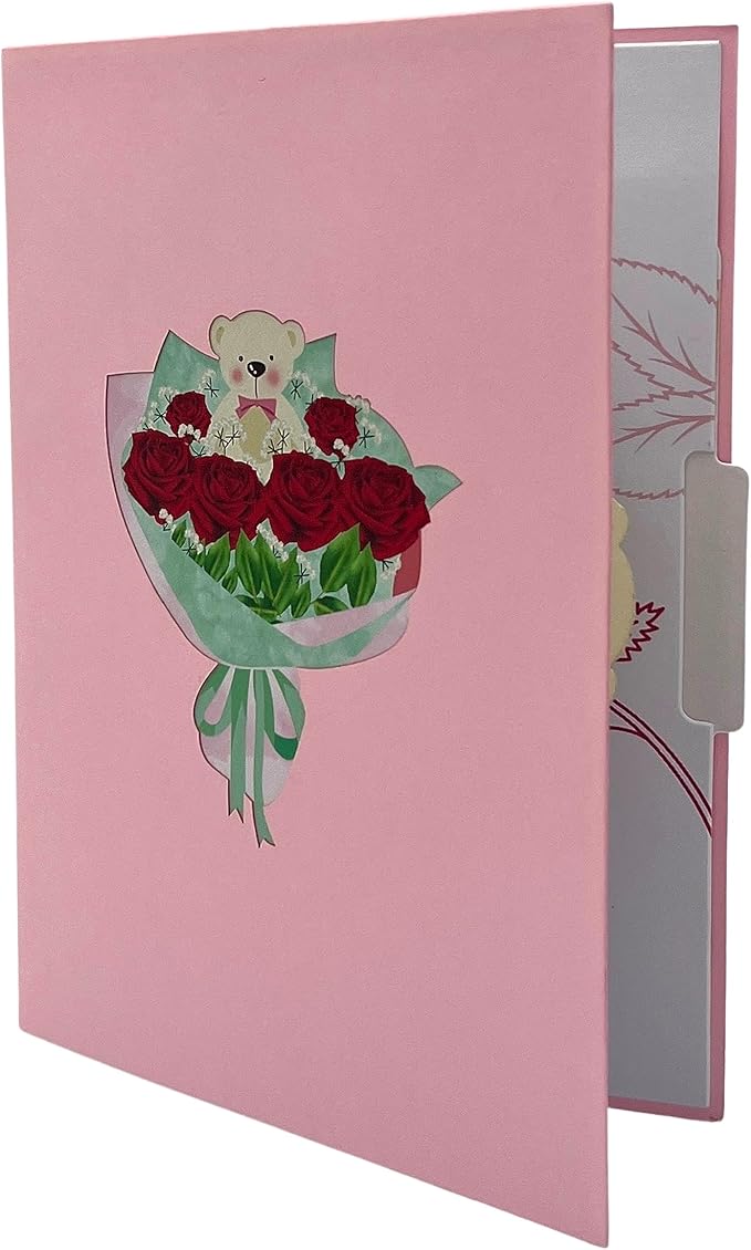 3D Pop Up Greeting Card Flowers Theme (Roses Teddy Bear)