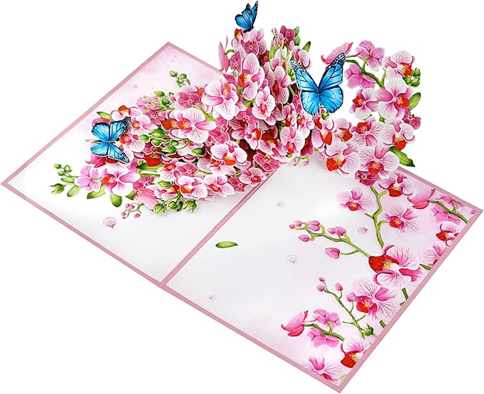 Pink Orchid 3D Birthday Cards for Women, Mothers Day Cards, 6x8in Pop Up Birthday Cards for Mom, Wife, Her, Daughter, Sister, Grandma (PQ Butterflies Pink Orchid).