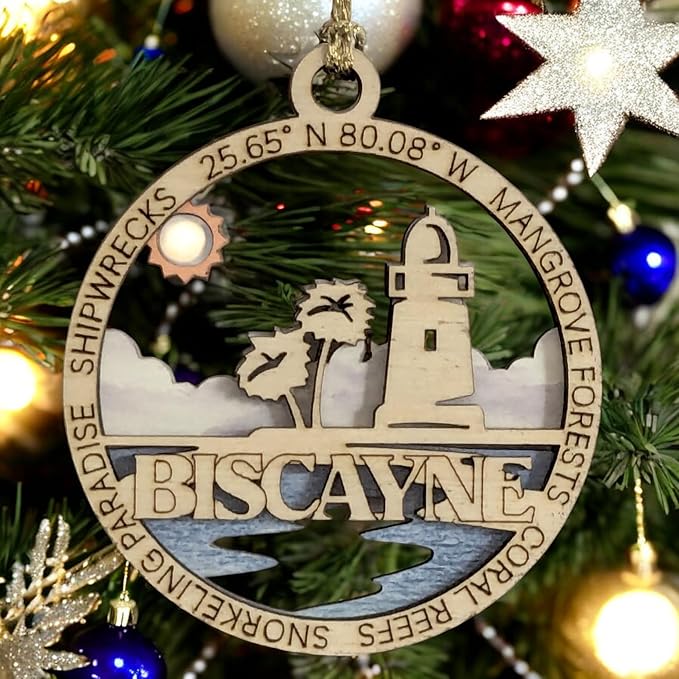 Biscayne National Park Souvenir Handcrafted 3" Lighthouse Ornament - Wood & Full Color Design - Oregon Small Business