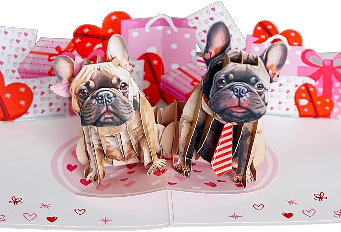Bulldog Couple Pop Up Anniversary Cards, 6x8in Wedding Anniversary Card, Valentines Day Cards, 3D Romantic Gift for Her, Him, Husband, Wife (Cute Bulldog Couple).