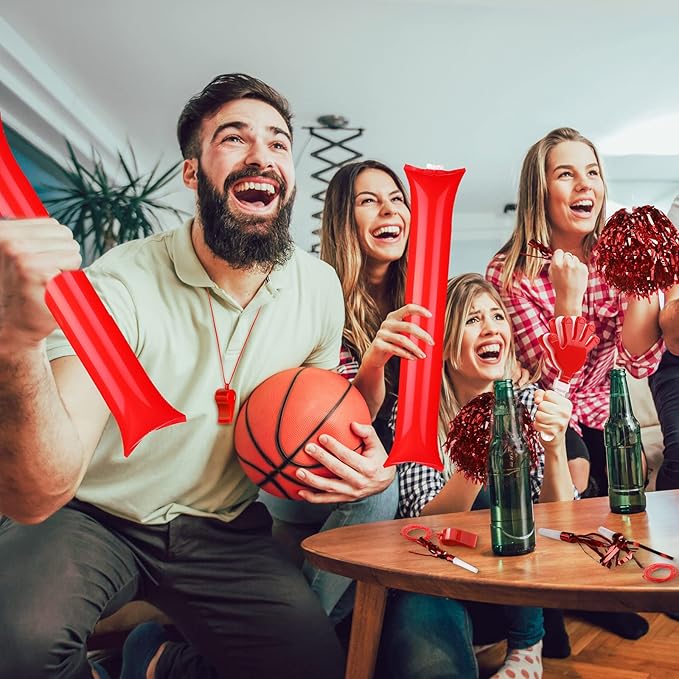 Yunsailing 96 Pcs Homecoming Noisemakers Team Spirit Accessories for Game Day Include Hand Clappers Cheerleading Pom Pom Thunder Stick Cheer Party Blower Plastic Whistle for Sport Fans(Red)