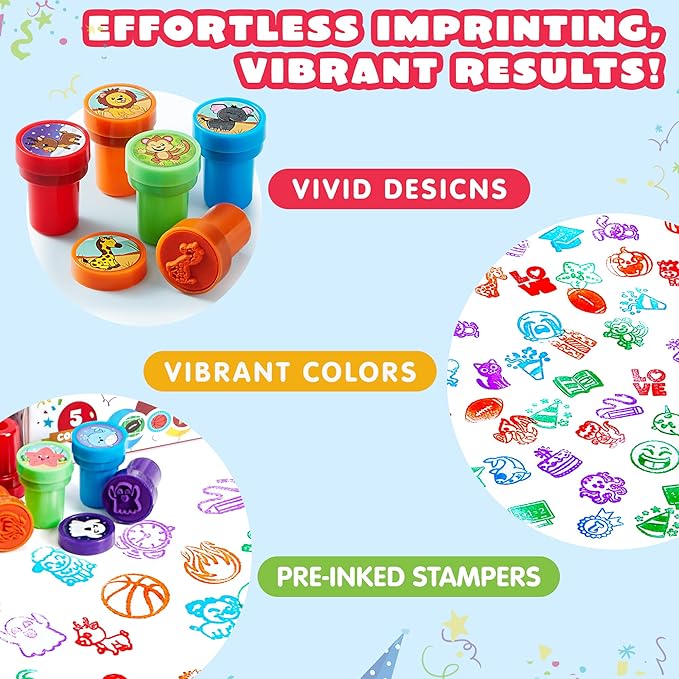 JOYIN 50 Pcs Assorted Stamps for Kids - Self-Ink Stamps with 50 Designs for Birthday Party Favor, Carnival Prizes, School Stampers, Goodie Bag, Halloween, Christmas (Zoo, Holiday Stampers)