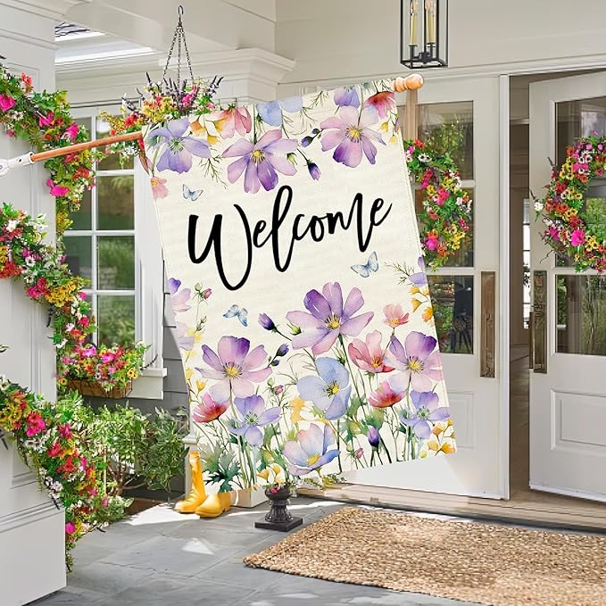 Baccessor Spring Summer Pansy Welcome House Flag 28 x 40 Inch Large Double Sided Burlap Butterflies Floral Flower Farmhouse Porch Flag Holiday Seasonal Outdoor Outside Decoration