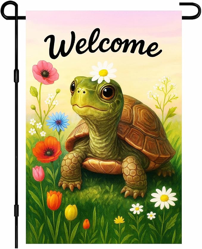 IVN Spring Garden Turtle Flag 12x18 Inch Double Sided Turtle and Wildflowers Summer Outdoor Yard Flag for Outside Front Door Lawn Porch Patio Welcome Decor
