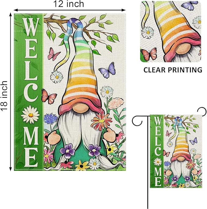 Covido Welcome Spring Summer Gnome Decorative Garden Flag, Daisy Floral Flowers Butterfly Green Rainbow Yard Outside Decorations, Farmhouse Outdoor Small Home Decor Double Sided 12 x 18