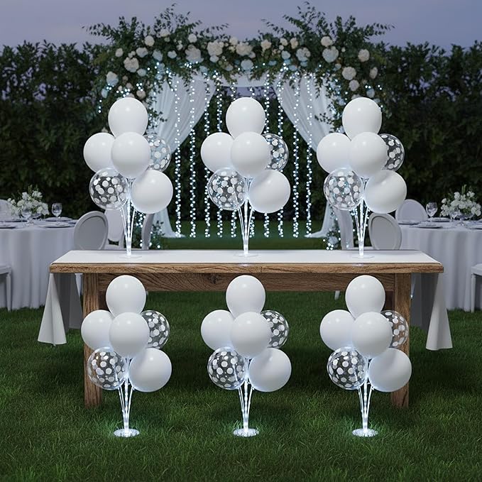 6 Pack of Light Up Balloon Centerpieces for Table Top, Easy Set with Pump included for Wedding Decorations, White Balloons, Latex Balloon Kit for Wedding Bridal Birthday Party Decorations