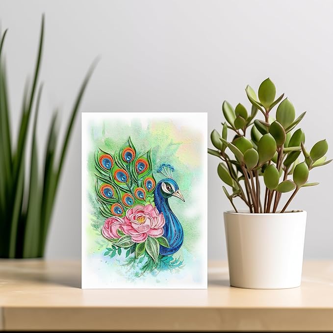 Mother's Day Card, Peony and Peacock Greeting Card, Animal Quilled Quilling, Birth Month Flower Born in November Birthday, Mothers Day Card for Mom Grandma Friend (Peony and Peacock)