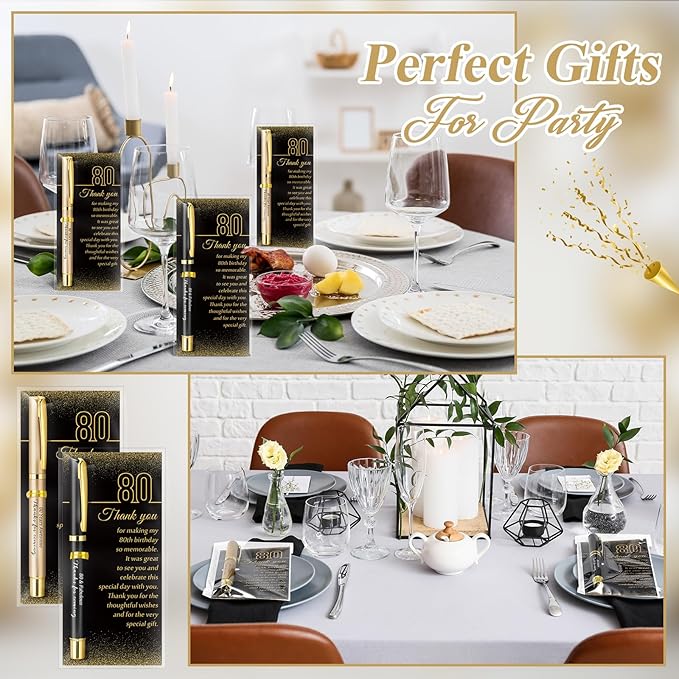 30 Set 80th Birthday Party Favor for Guest Anniversary Party Favor with Black and Gold Ballpoint Pens and Thank You Cards for Women Men Birthday Anniversary Appreciation Gifts