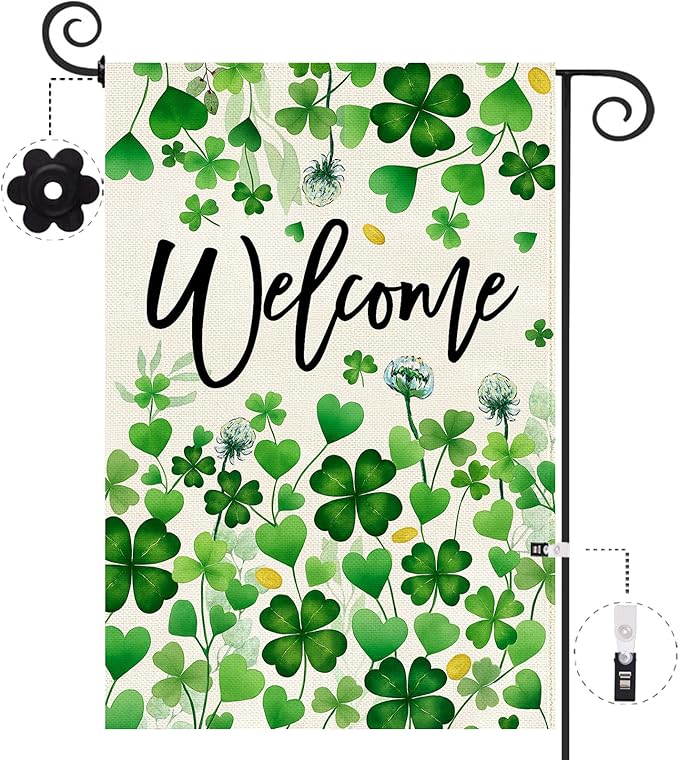 Baccessor St.Patrick's Day Welcome Garden Flag 12.5x18 Inch Double Sided,Green Lucky Shamrock Clover Flag Spring Farmhouse Holiday Yard Lawn Outdoor Outside Decoration