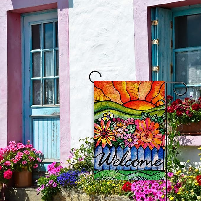 Covido Home Decorative Welcome Spring Watercolor Flowers Garden Flag, Summer Sunshine House Yard Abstract Floral Outside Decorations, Sunrise Farmhouse Seasonal Outdoor Small Decor Double Sided 12x18