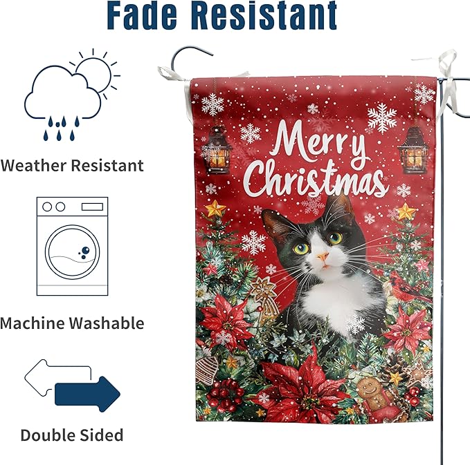 Christmas Cat Garden Flag Merry Christmas Tuxedo Cat Yard Flag for Outside Xmas Flags 12x18 Double Sided Red Poinsettia Garden Flags Winter Porch Outdoor Decor