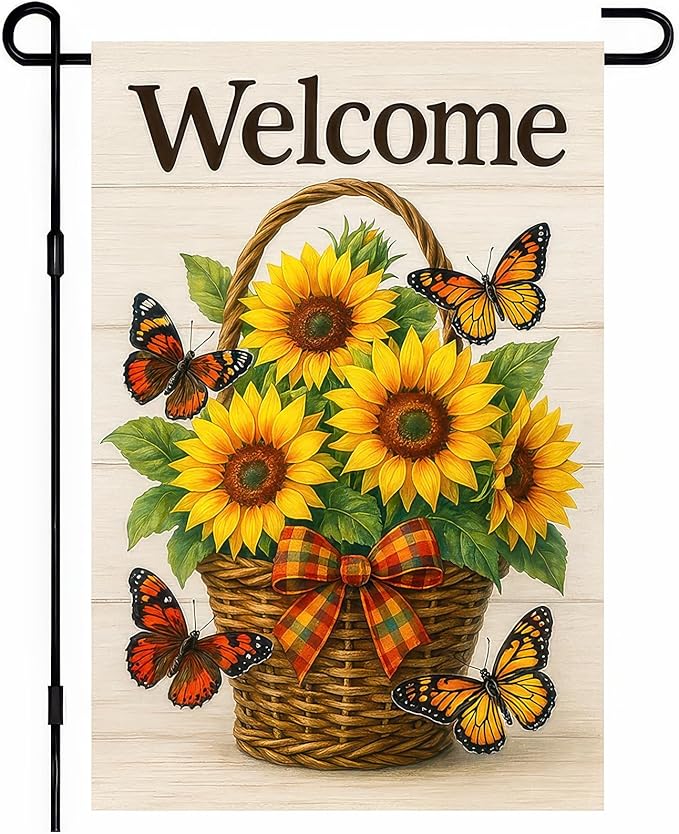 BlissYard Thanksgiving Fall Garden Flag 12x18 Inch Welcome Sunflower Flag Double Sided Outdoor Autumn Yard Banner Basket Butterflies for Porch Lawn Patio Seasonal Decor