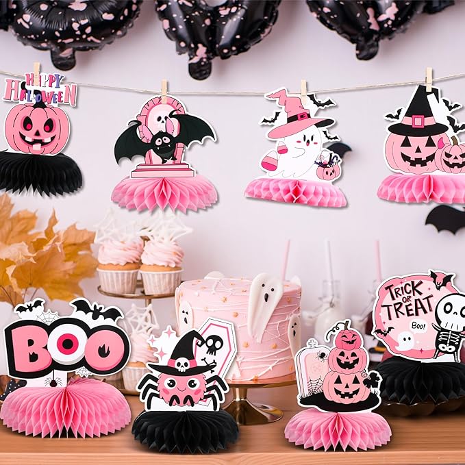 12PCS Halloween Table Decorations Pink Black Halloween Centerpieces for Tables Cute Ghost Honeycomb Centerpiece Summerween Decor for Halloween Party Baby Shower Girls Birthday Supplies