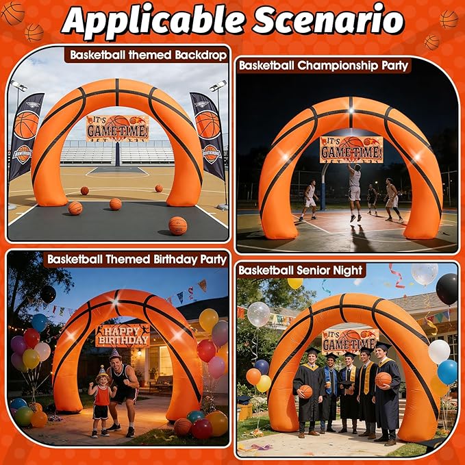 8FT Giant Basketball Inflatable Arch, Basketball Party Decorations with Game Day Banner 1Blower & Built-in 3LED Lights for Team Coach Stadium Photos Backdrop Senior Night & Birthday Blow-Up Decor