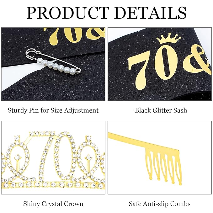 Casoty Gold 70th Birthday Sash and Tiara, 70th Birthday Party Decorations for Women, 70 and Fabulous Sash and Crown Set, Party Supplies Favors for Women, Gifts for Her