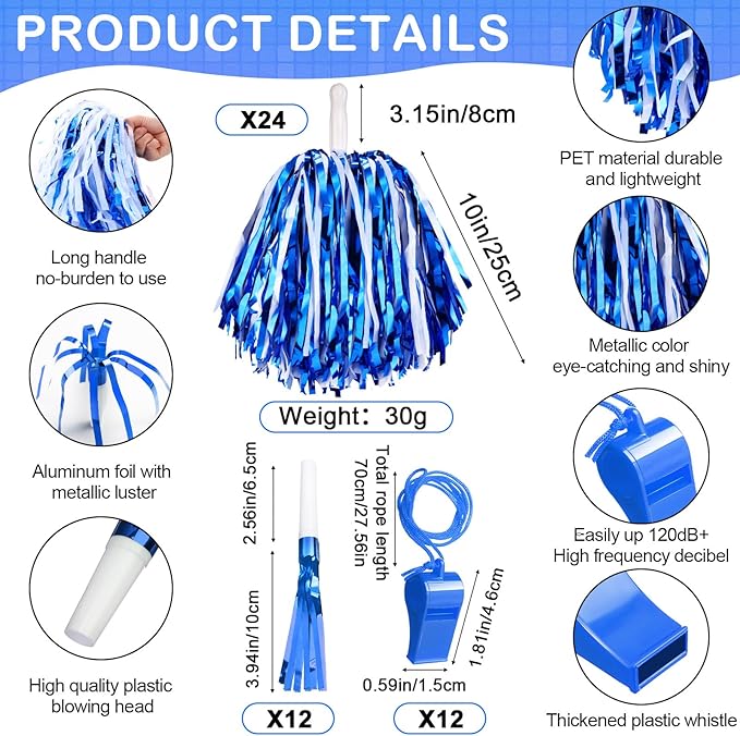 Yunsailing 96 Pcs Homecoming Noisemakers Team Spirit Accessories for Game Day Include Hand Clappers Cheerleading Pom Pom Thunder Stick Cheer Party Blower Plastic Whistle for Sport Fans(Blue White)