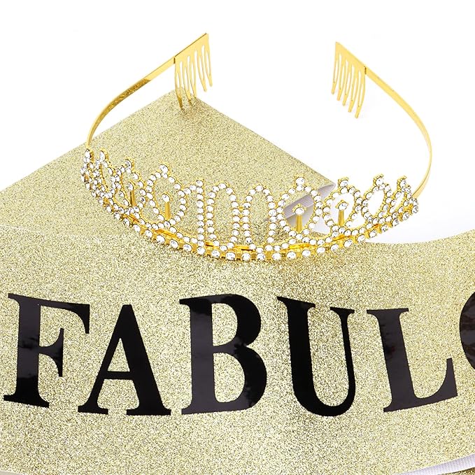 Casoty Gold 100th Birthday Sash and Tiara, 100th Birthday Decorations for Women, 100 and Fabulous Sash and Crown Set, Party Supplies Decorations for Women, Gifts for Her