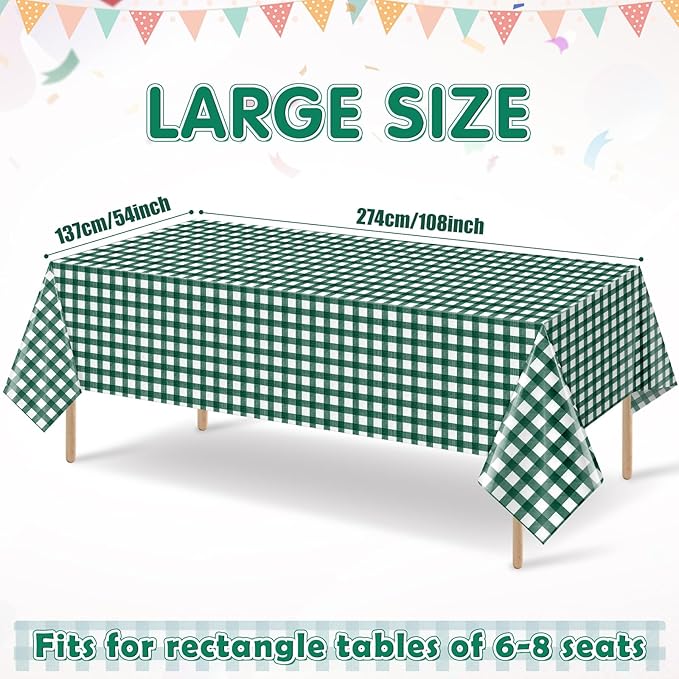 3pcs 54X108inch Dark Green Checkered Tablecloth,Green Gingham Tablecloths Buffalo Plaid Disposable Plastic Table Covers for Birthday Baby Shower Bridal Wedding Party Birthday Decorations