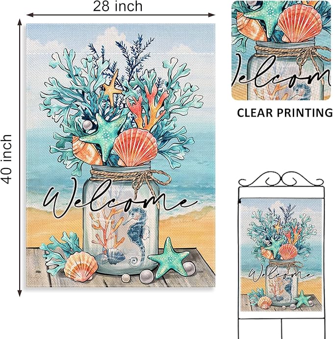 Covido Welcome Summer Mason Jar Decorative House Flag, Beach Coastal Coral Starfish Shell Sea Horse Garden Yard Outside Decorations, Nautical Seasonal Outdoor Large Home Decor Double Sided 28 x 40