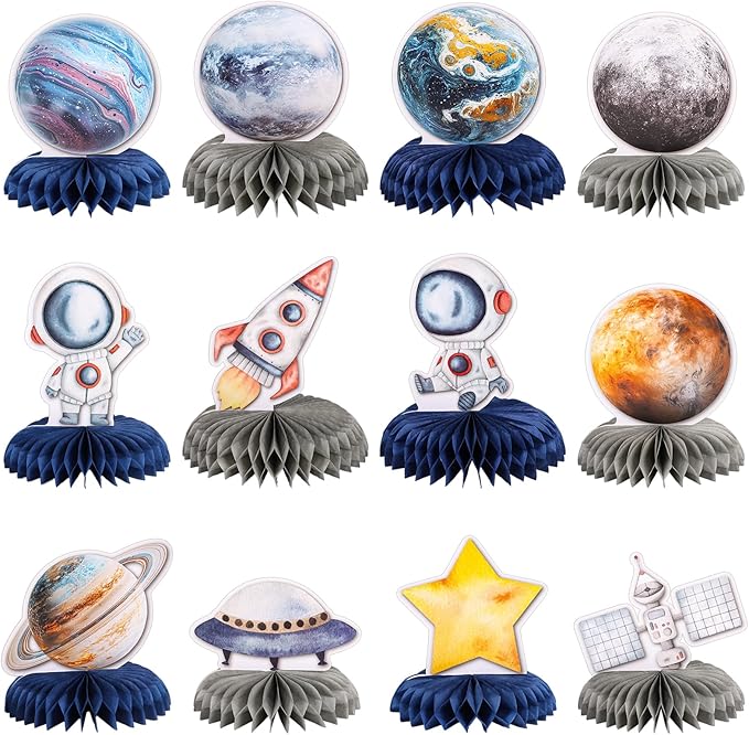 12 PCS Space Theme Party Decorations Outer Space Honeycomb Centerpieces Astronaut Birthday Party Decorations Table Centerpieces for Boys Kids Space Solar System Planets Baby Shower Party Supplies