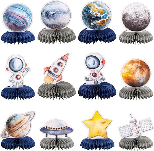 12 PCS Space Theme Party Decorations Outer Space Honeycomb Centerpieces Astronaut Birthday Party Decorations Table Centerpieces for Boys Kids Space Solar System Planets Baby Shower Party Supplies