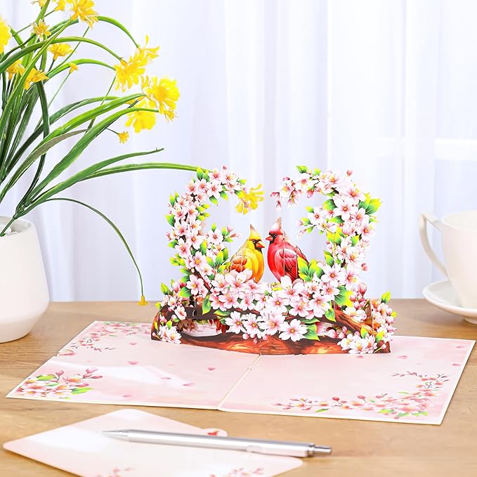 Cardinal Couple Pop Up Anniversary Card, 3D Love Birds Valentine Cards, Ideal Gift for Birthday, Wedding, Valentines, Mothers Day All Occasion for Wife, Her, Husband, Wife, Him, Boyfriend, Girlfriend