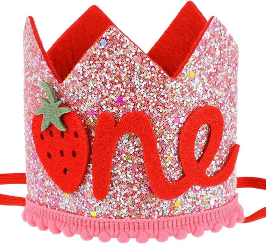 Strawberry First Birthday Crown, Pink Sequin Strawberry 1st Birthday Hat for Baby Girls, Sweet Berry First Crown for Baby Shower Party Decor Photo Props