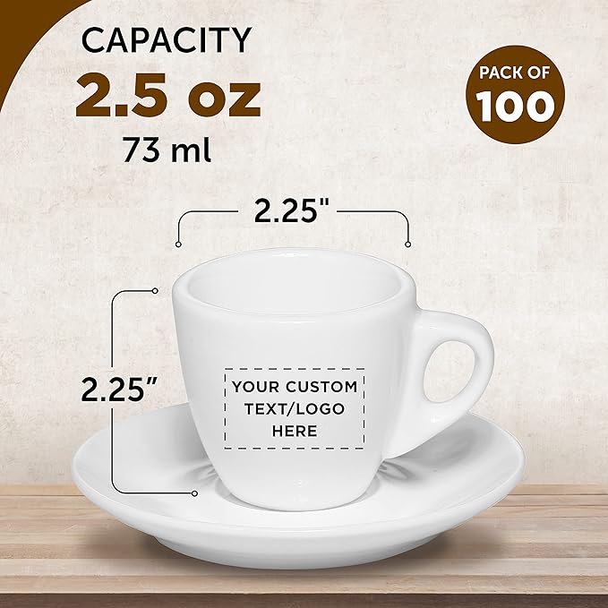 Custom Espresso Cups with Saucer 2.5 oz. Set of 100, Personalized Bulk Pack - Perfect for Coffee, Tea, Espresso, Hot Cocoa, Other Beverages - White
