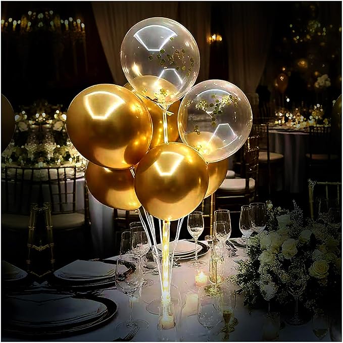 6 Set Balloon Stand Table Centerpieces with LED Lights for Party Decor, Balloons Centerpieces for Table, Balloon Stand Kit for Graduation Decorations 2025, Weddings, Birthday Decoration (Gold)