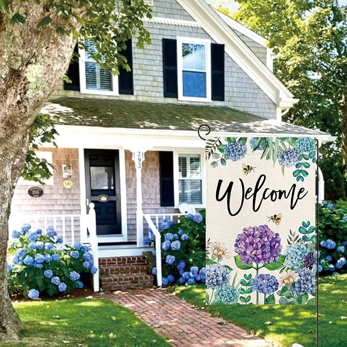Baccessor Summer Spring Hydrangea Garden Flag Double Sided 12x18 Inch, Summer Purple Blue Flower Floral Welcome Small Yard Flag Burlap Vertical Seasonal Farmhouse Yard Outdoor Decoration