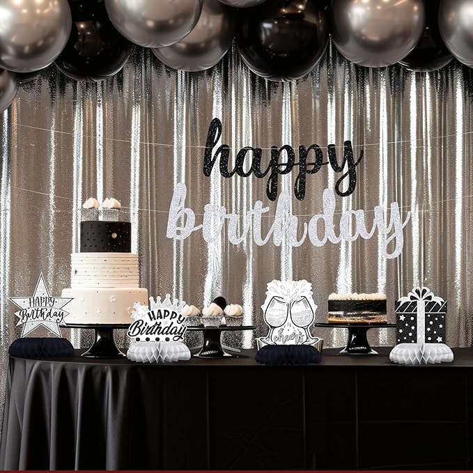Black and Silver Birthday Decorations – 12PCS Honeycomb Table Centerpieces for Men Women Adults – Happy Birthday Table Decor Party Supplies