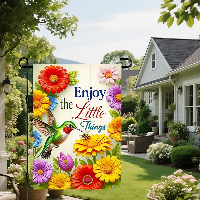 IVN Seasonal Garden Flag 12x18 Inch Double Sided Hummingbird Daisy Tulip Colorful Floral Enjoy the Little Things Outdoor Yard Flag for Outside Front Door Lawn Porch Patio Welcome Decor