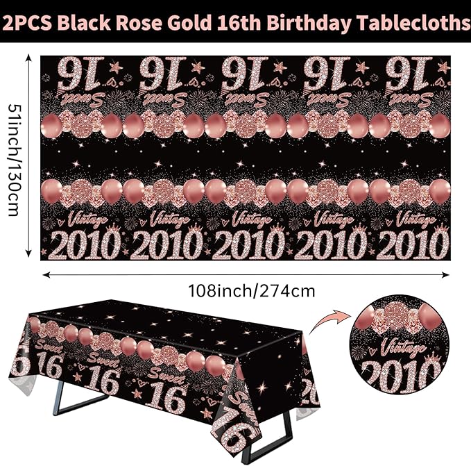 2pcs 16th Birthday Tablecloth, Black Rose Gold 16th Birthday Decorations for Girls Vintage 2010 Table Cloth Plastic Rectangular Table Cover Sweet 16 Anniversary Party Supplies