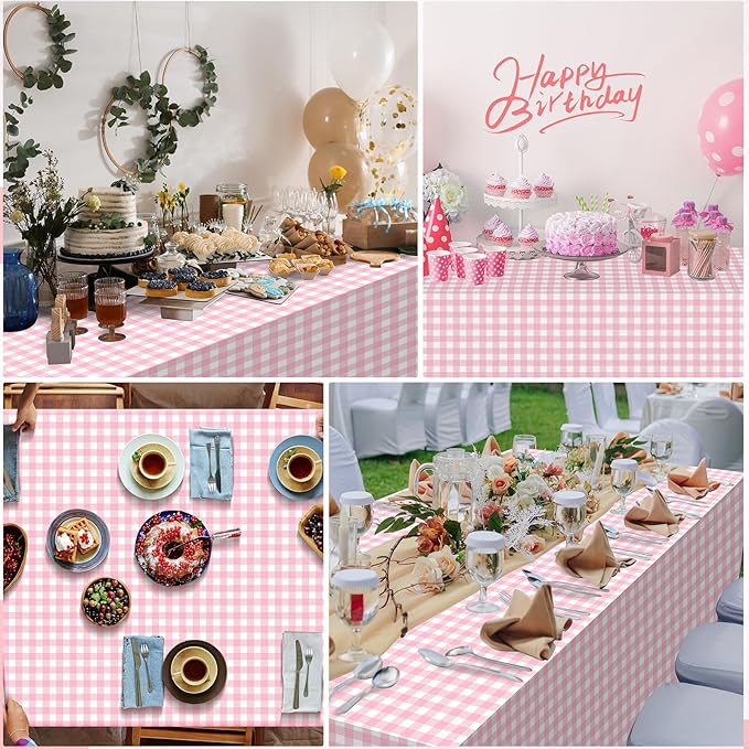 6pcs 54X108inch Pink Checkered Tablecloth,Pink Gingham Tablecloths Buffalo Plaid Disposable Plastic Table Covers for Birthday Baby Shower Bridal Wedding Party Birthday Decorations