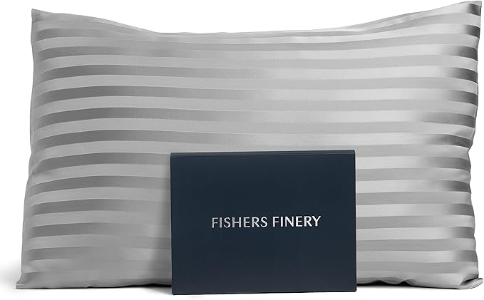 Fishers Finery 25mm 100% Pure Mulberry Silk Pillowcase (Gray Stripe Queen)