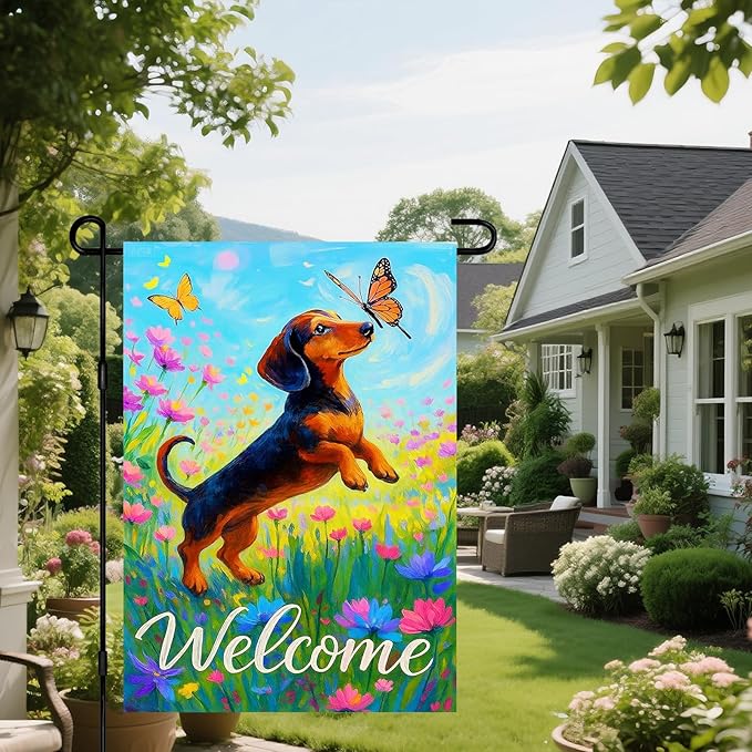 IVN Welcome Dachshund Garden Flag 12x18 Inch Double Sided Dog Butterfly Flower Outdoor Yard Flag for Home Front Door Lawn Porch Spring Decor